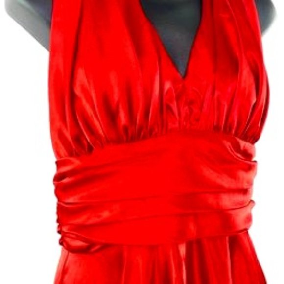 Elegant Vintage Party Fiesta classic Red Satin Scarlet Halter Maxi Dress - Picture 7 of 8